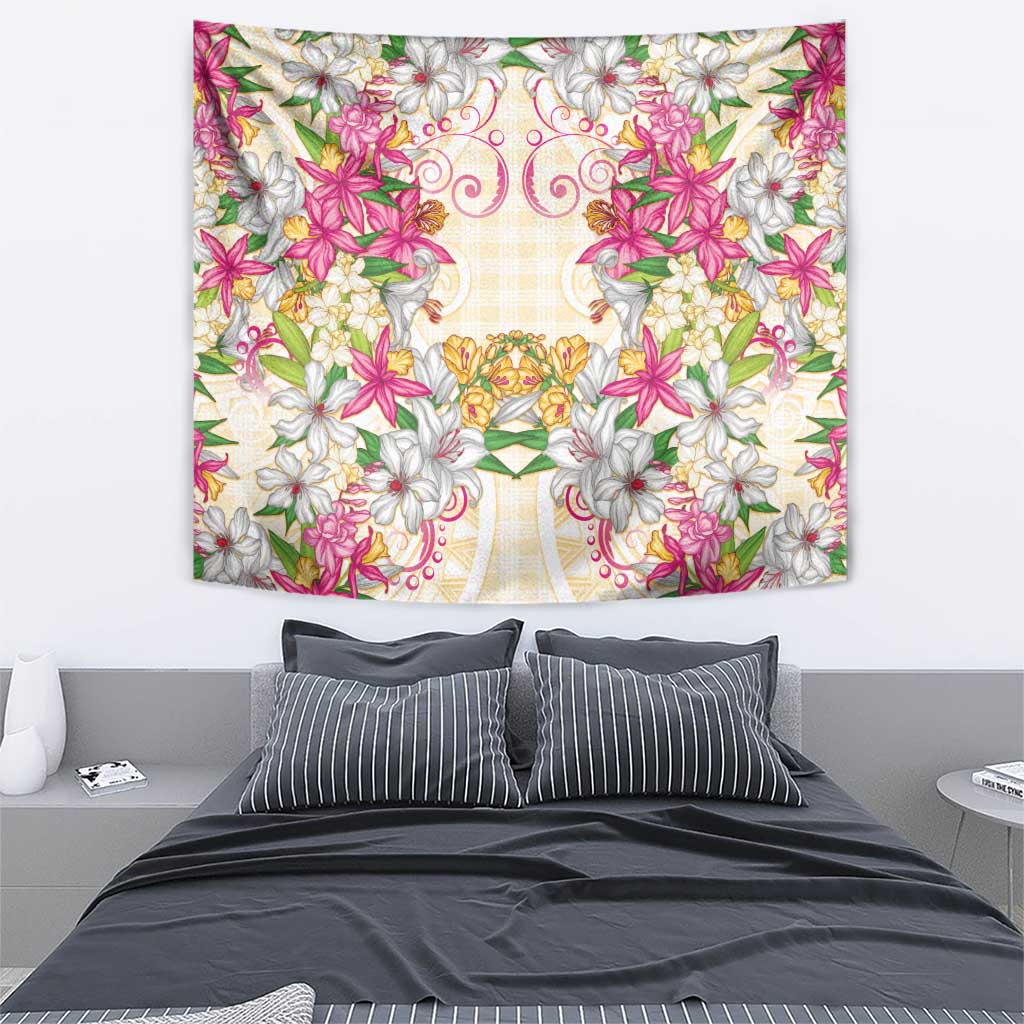 Hawaii Palaka Tapestry Yellow Tribal Pattern With Tropical Flowers LT05 - Polynesian Pride