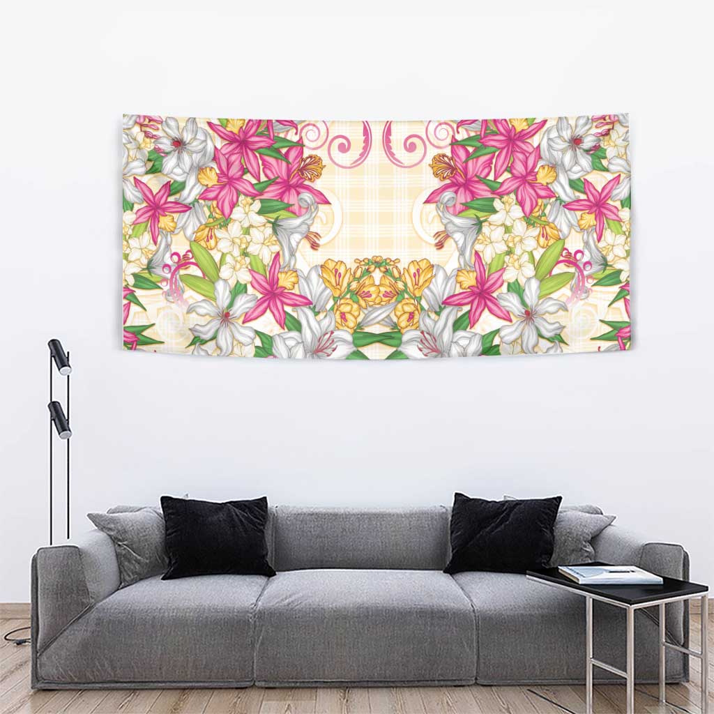 Hawaii Palaka Tapestry Yellow Tribal Pattern With Tropical Flowers LT05 - Polynesian Pride