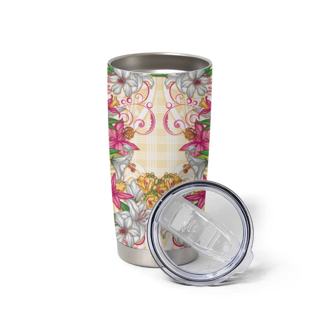 Hawaii Palaka Tumbler Cup Yellow Tribal Pattern With Tropical Flowers LT05 - Polynesian Pride