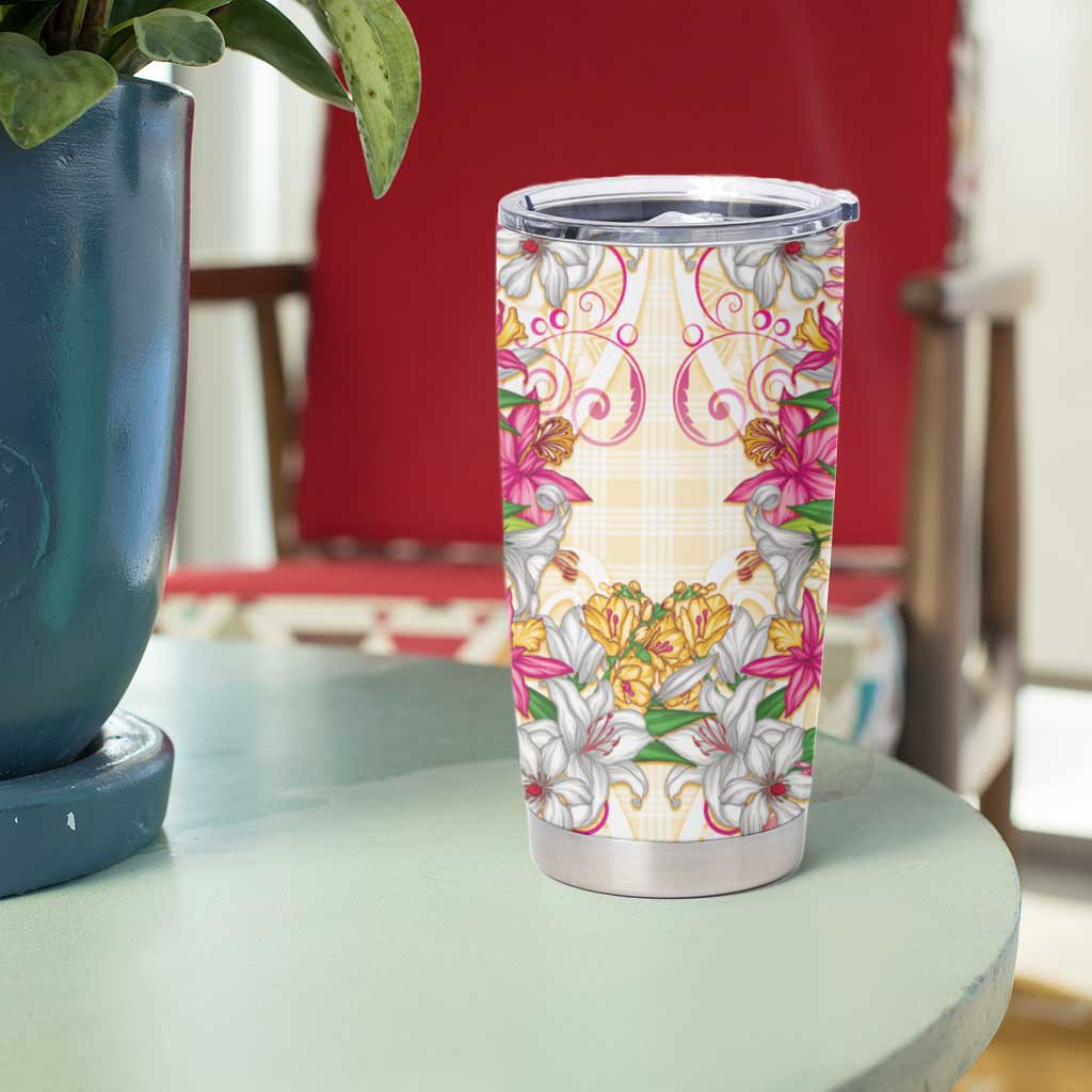 Hawaii Palaka Tumbler Cup Yellow Tribal Pattern With Tropical Flowers LT05 - Polynesian Pride