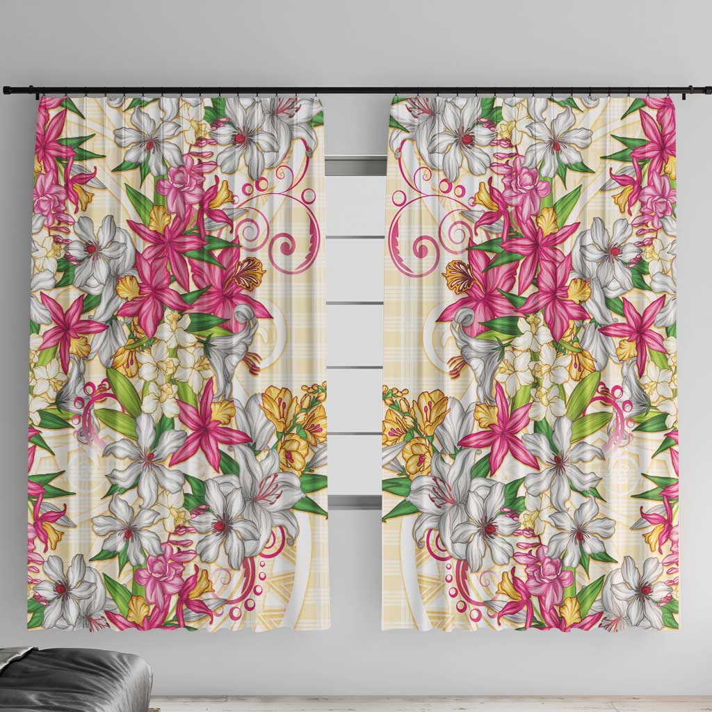Hawaii Palaka Window Curtain Yellow Tribal Pattern With Tropical Flowers LT05 With Hooks Yellow - Polynesian Pride