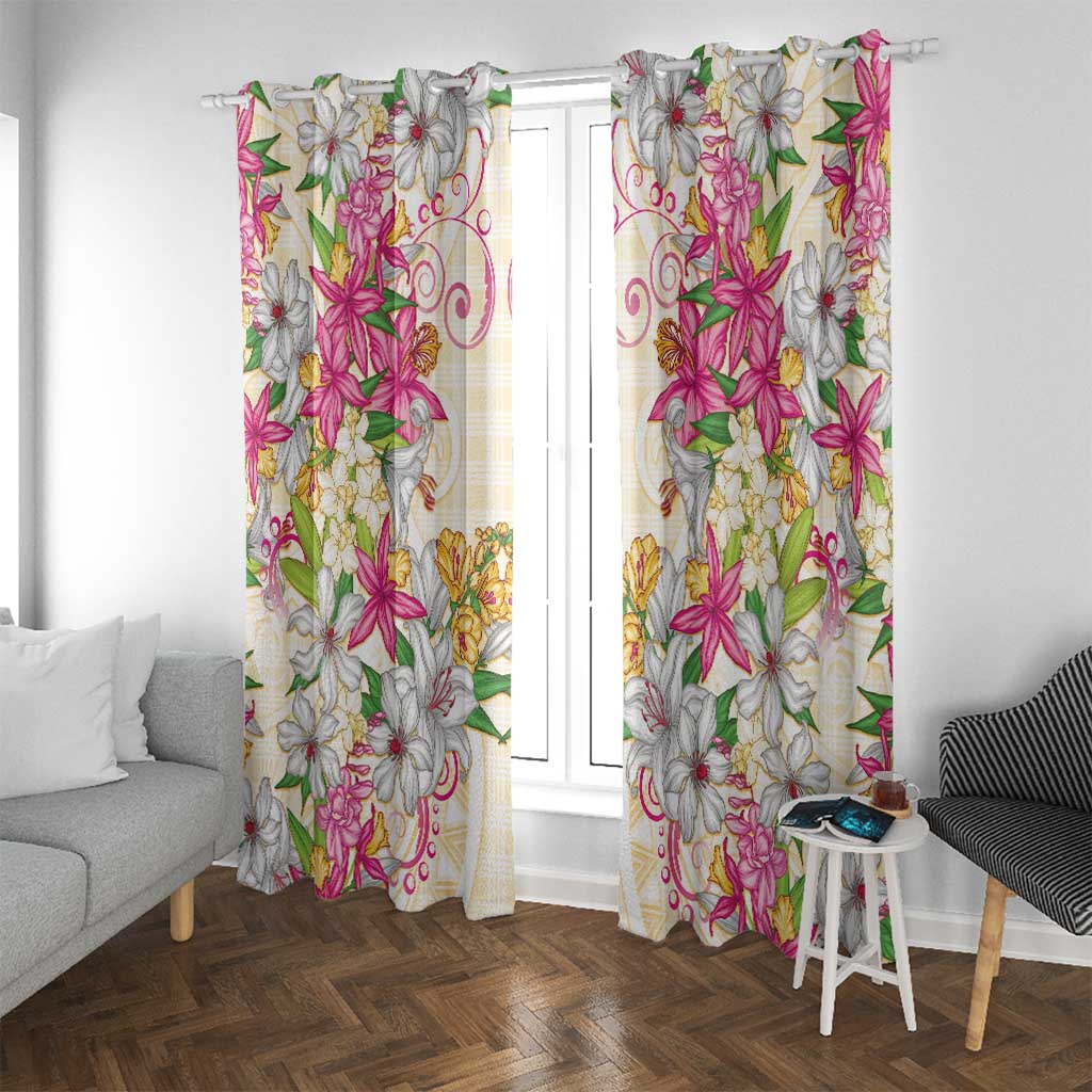 Hawaii Palaka Window Curtain Yellow Tribal Pattern With Tropical Flowers LT05 With Grommets Yellow - Polynesian Pride