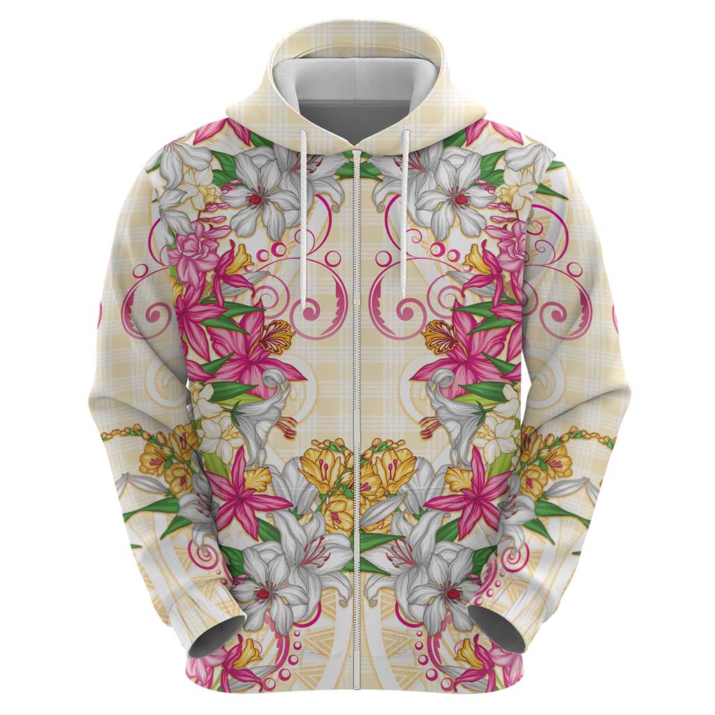 Hawaii Palaka Zip Hoodie Yellow Tribal Pattern With Tropical Flowers LT05 - Polynesian Pride