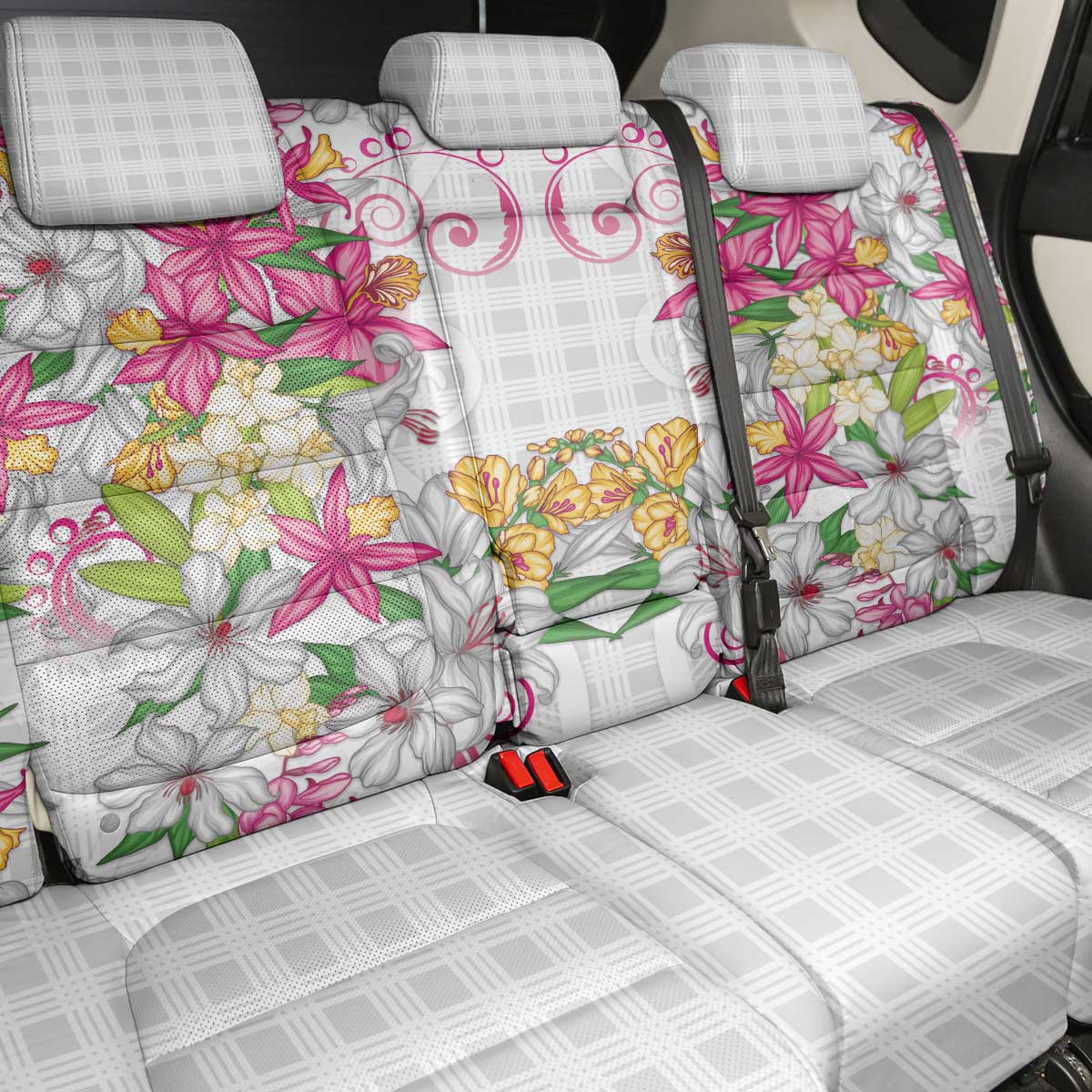 Hawaii Palaka Back Car Seat Cover White Tribal Pattern With Tropical Flowers LT05 - Polynesian Pride