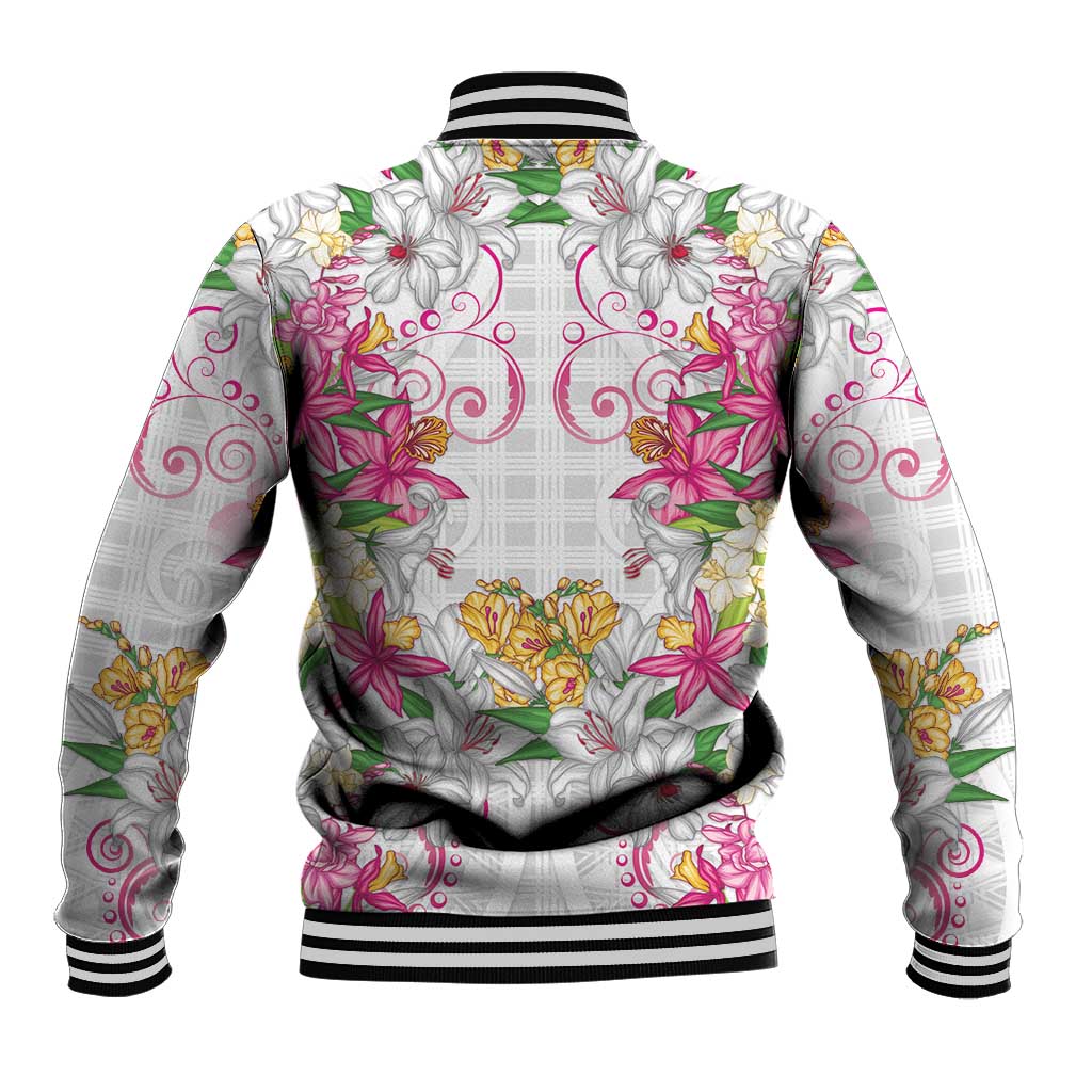 Hawaii Palaka Baseball Jacket White Tribal Pattern With Tropical Flowers LT05 - Polynesian Pride