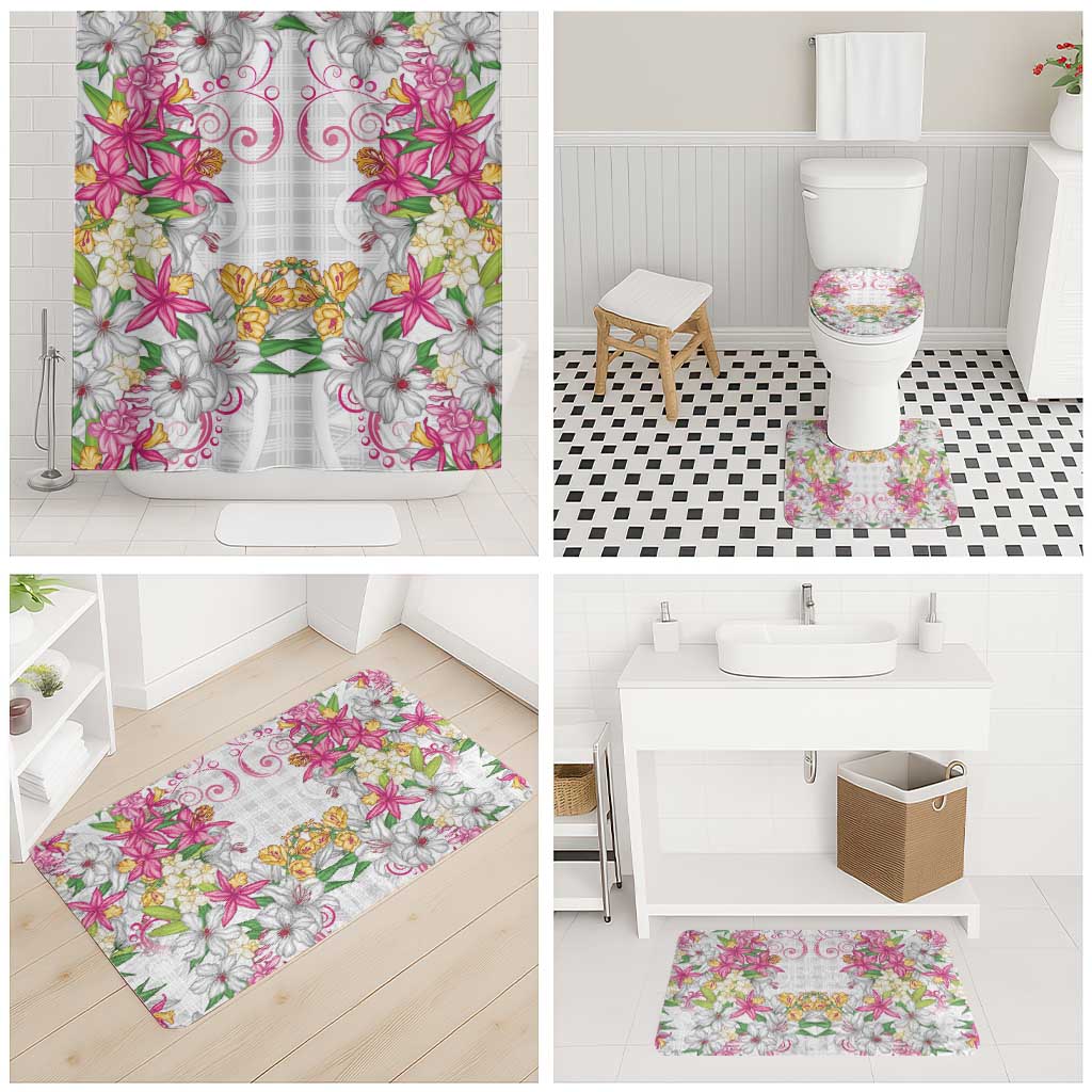 Hawaii Palaka Bathroom Set White Tribal Pattern With Tropical Flowers LT05 - Polynesian Pride