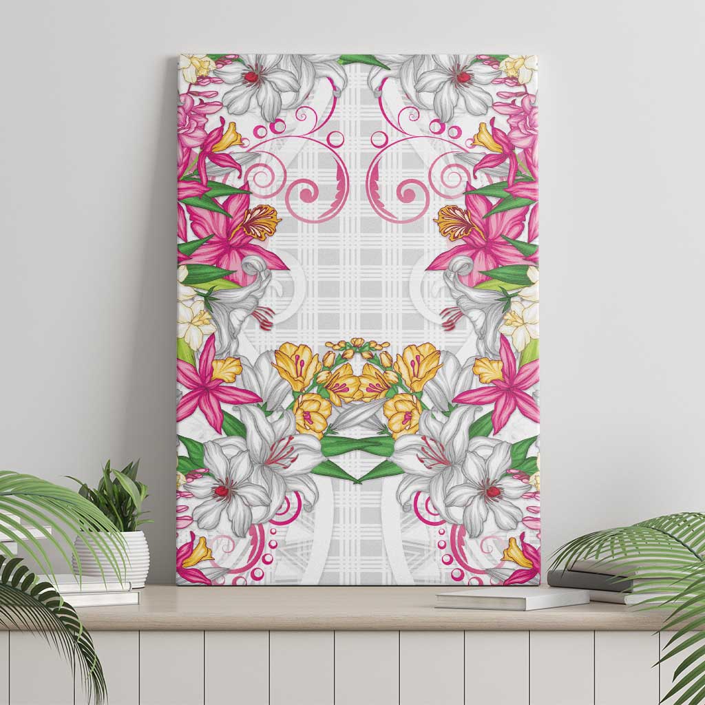 Hawaii Palaka Canvas Wall Art White Tribal Pattern With Tropical Flowers LT05 - Polynesian Pride