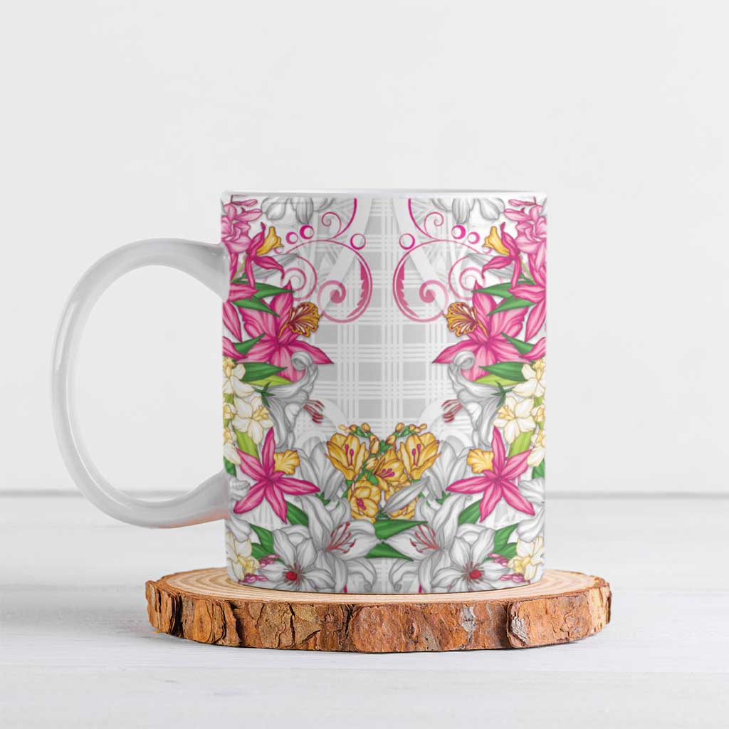 Hawaii Palaka Ceramic Mug White Tribal Pattern With Tropical Flowers LT05 White - Polynesian Pride