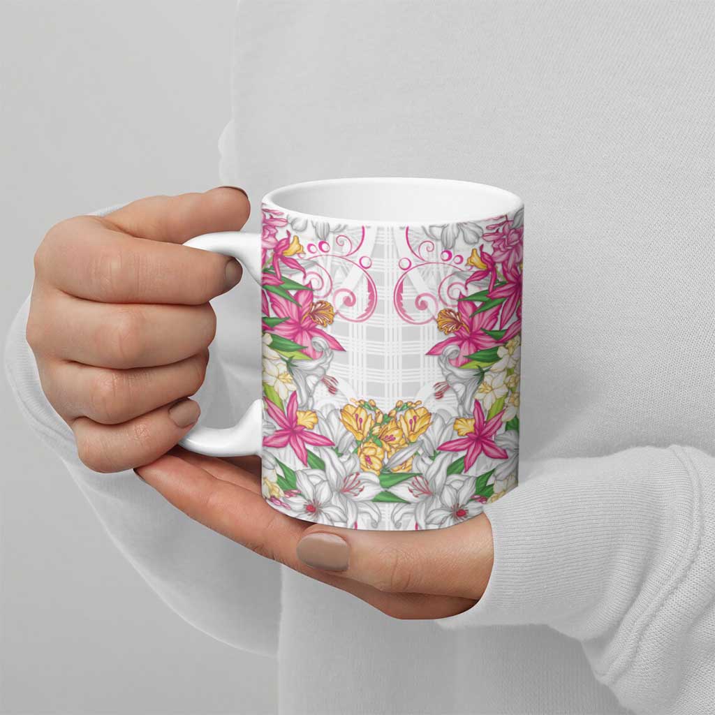 Hawaii Palaka Ceramic Mug White Tribal Pattern With Tropical Flowers LT05 - Polynesian Pride