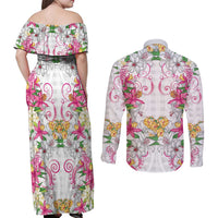 Hawaii Palaka Couples Matching Off Shoulder Maxi Dress and Long Sleeve Button Shirt White Tribal Pattern With Tropical Flowers LT05 - Polynesian Pride