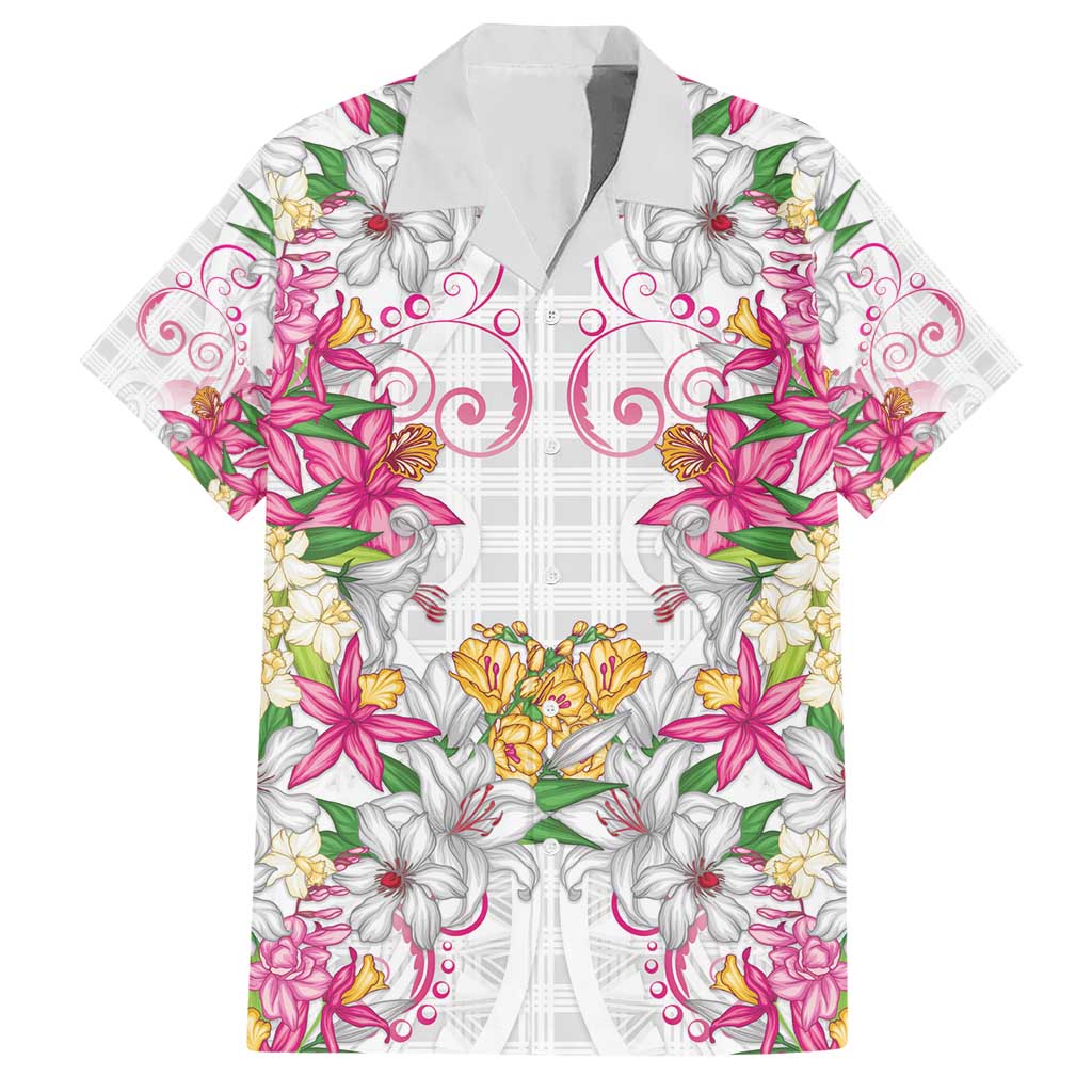 Hawaii Palaka Hawaiian Shirt White Tribal Pattern With Tropical Flowers LT05 White - Polynesian Pride