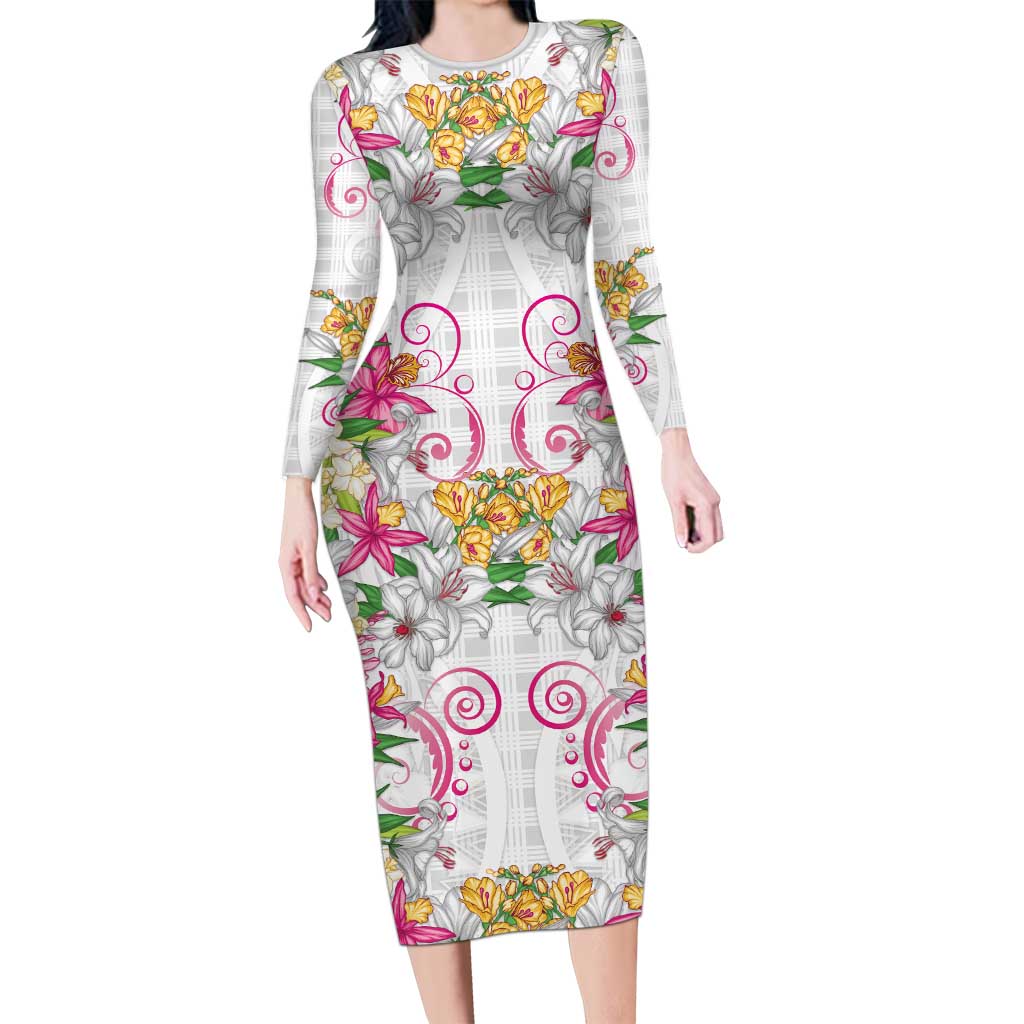 Hawaii Palaka Long Sleeve Bodycon Dress White Tribal Pattern With Tropical Flowers LT05 Long Dress White - Polynesian Pride