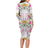 Hawaii Palaka Long Sleeve Bodycon Dress White Tribal Pattern With Tropical Flowers LT05 - Polynesian Pride