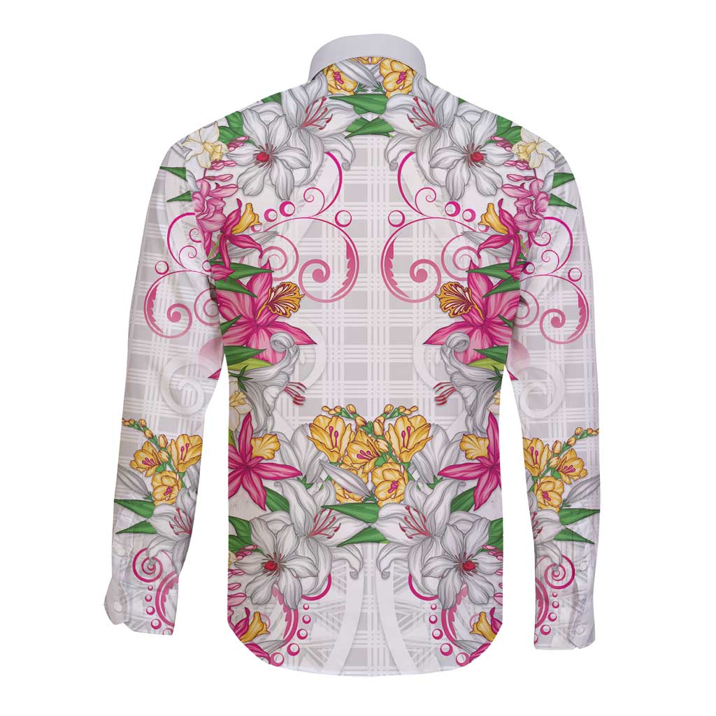 Hawaii Palaka Long Sleeve Button Shirt White Tribal Pattern With Tropical Flowers LT05 - Polynesian Pride