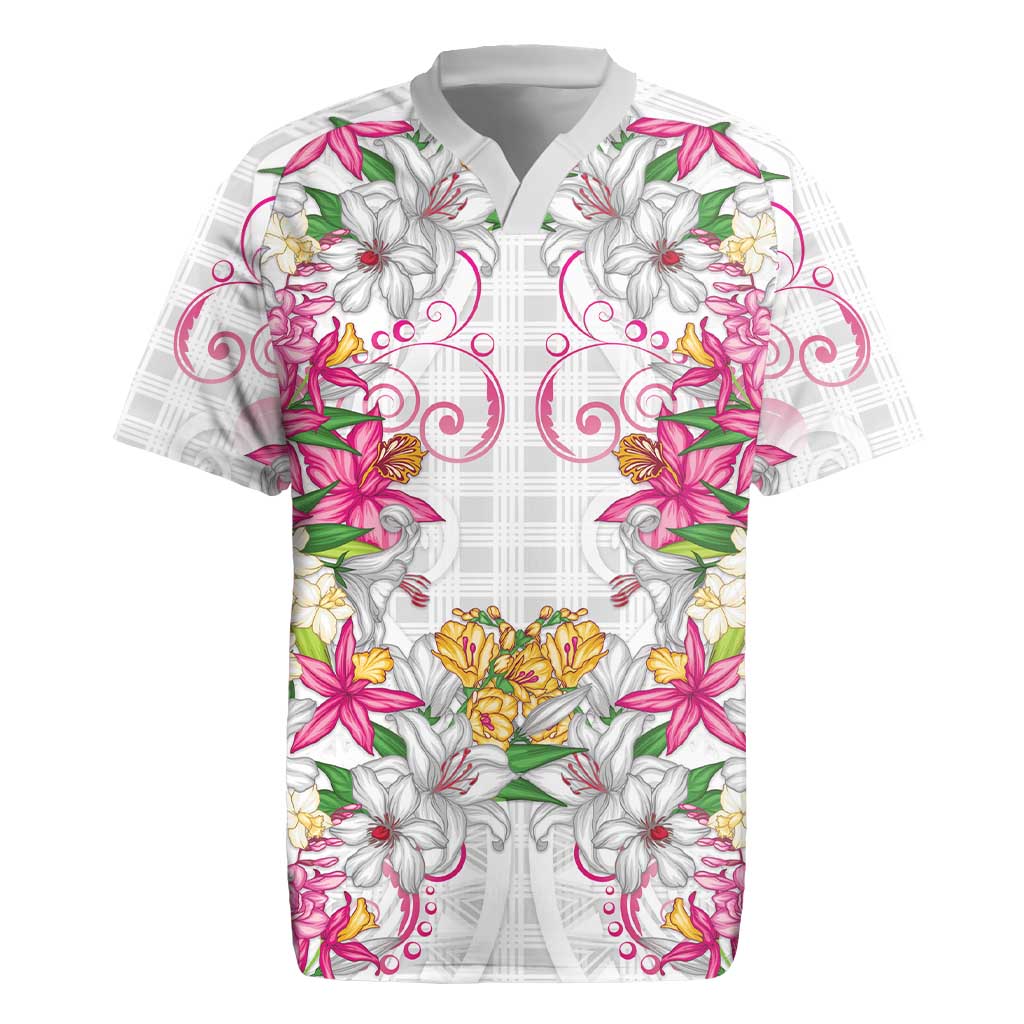 Hawaii Palaka Rugby Jersey White Tribal Pattern With Tropical Flowers LT05 White - Polynesian Pride