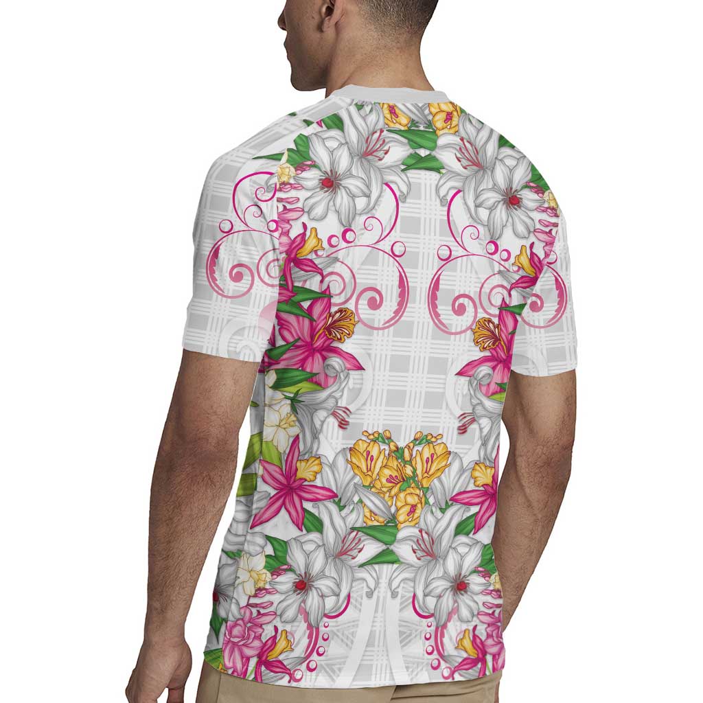 Hawaii Palaka Rugby Jersey White Tribal Pattern With Tropical Flowers LT05 - Polynesian Pride