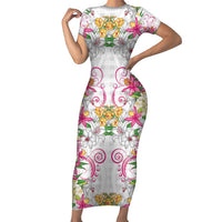 Hawaii Palaka Short Sleeve Bodycon Dress White Tribal Pattern With Tropical Flowers LT05 Long Dress White - Polynesian Pride