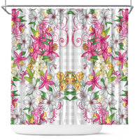 Hawaii Palaka Shower Curtain White Tribal Pattern With Tropical Flowers LT05 White - Polynesian Pride