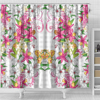 Hawaii Palaka Shower Curtain White Tribal Pattern With Tropical Flowers LT05 - Polynesian Pride