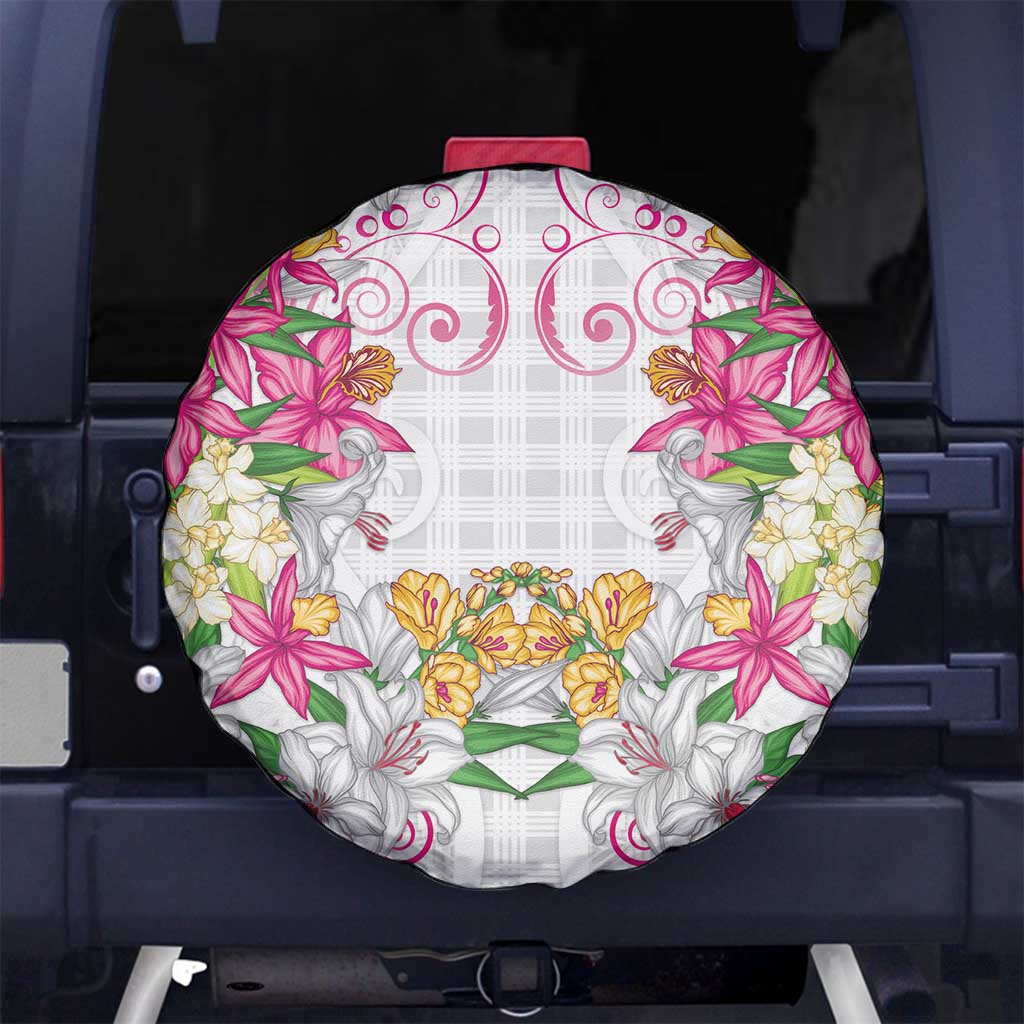 Hawaii Palaka Spare Tire Cover White Tribal Pattern With Tropical Flowers LT05 No hole White - Polynesian Pride