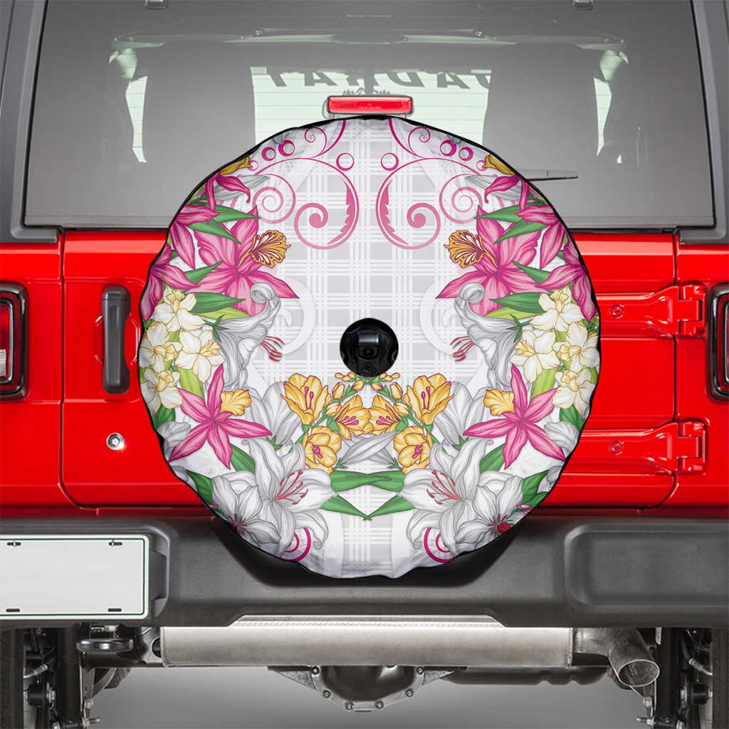 Hawaii Palaka Spare Tire Cover White Tribal Pattern With Tropical Flowers LT05 - Polynesian Pride