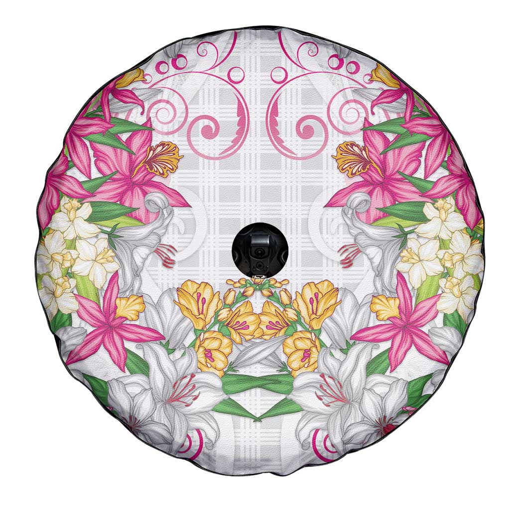 Hawaii Palaka Spare Tire Cover White Tribal Pattern With Tropical Flowers LT05 - Polynesian Pride