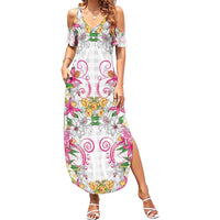 Hawaii Palaka Summer Maxi Dress White Tribal Pattern With Tropical Flowers LT05 Women White - Polynesian Pride