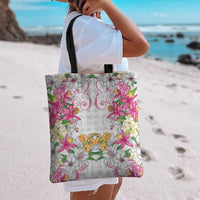Hawaii Palaka Tote Bag White Tribal Pattern With Tropical Flowers LT05 - Polynesian Pride