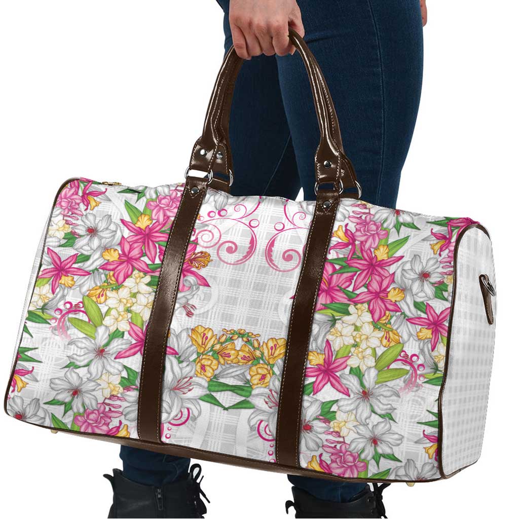 Hawaii Palaka Travel Bag White Tribal Pattern With Tropical Flowers LT05 - Polynesian Pride