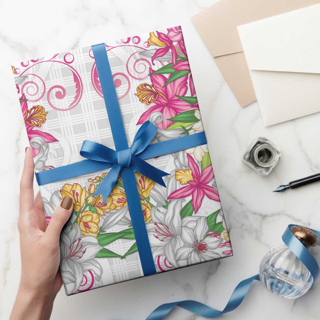 Hawaii Palaka Wrapping Paper White Tribal Pattern With Tropical Flowers LT05 - Polynesian Pride