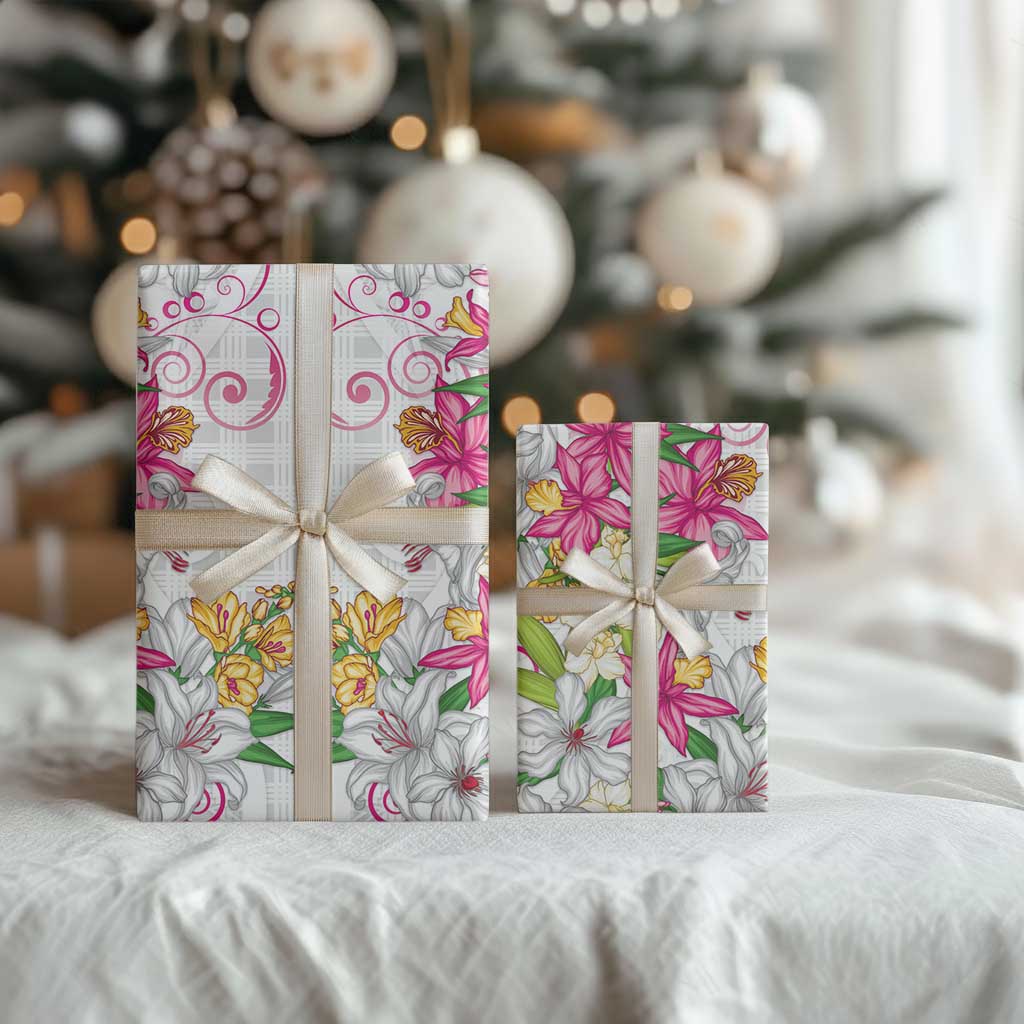 Hawaii Palaka Wrapping Paper White Tribal Pattern With Tropical Flowers LT05 - Polynesian Pride