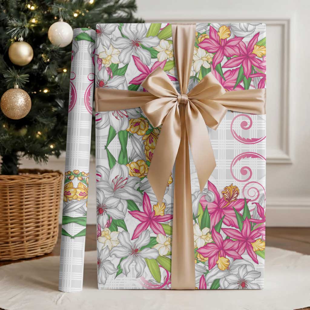 Hawaii Palaka Wrapping Paper White Tribal Pattern With Tropical Flowers LT05 - Polynesian Pride