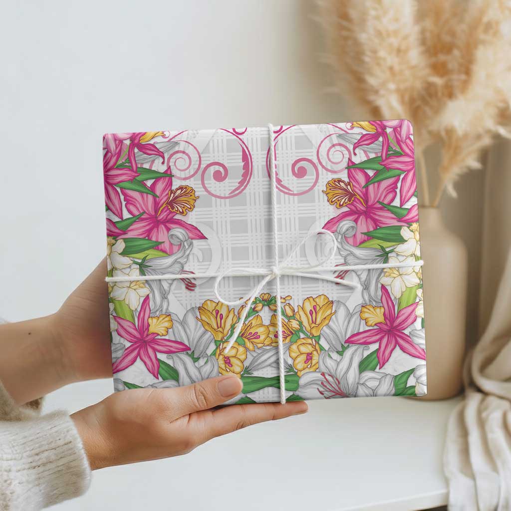 Hawaii Palaka Wrapping Paper White Tribal Pattern With Tropical Flowers LT05 - Polynesian Pride