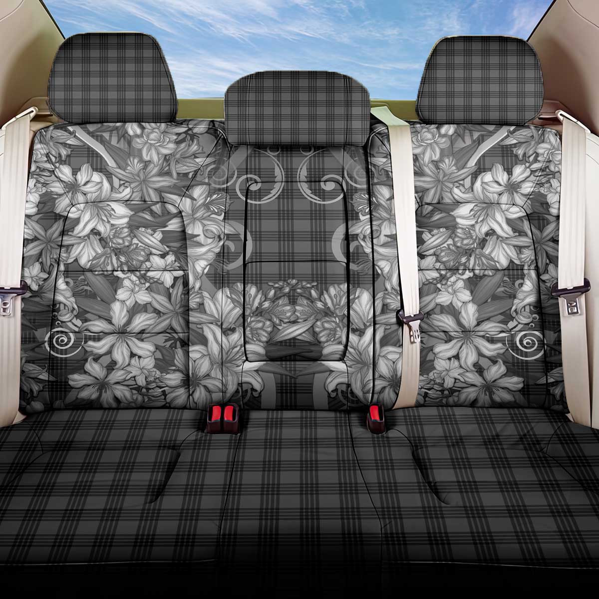 Hawaii Palaka Back Car Seat Cover Black Tribal Pattern With Tropical Flowers LT05 One Size Black - Polynesian Pride