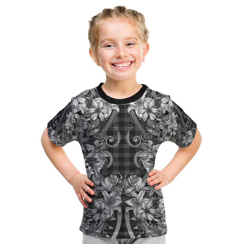 Hawaii Palaka Kid T Shirt Black Tribal Pattern With Tropical Flowers LT05 Black - Polynesian Pride