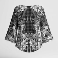 Hawaii Palaka Kimono Sleeve Blouse Black Tribal Pattern With Tropical Flowers LT05 - Polynesian Pride