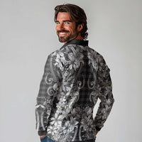 Hawaii Palaka Long Sleeve Polo Shirt Black Tribal Pattern With Tropical Flowers LT05 - Polynesian Pride
