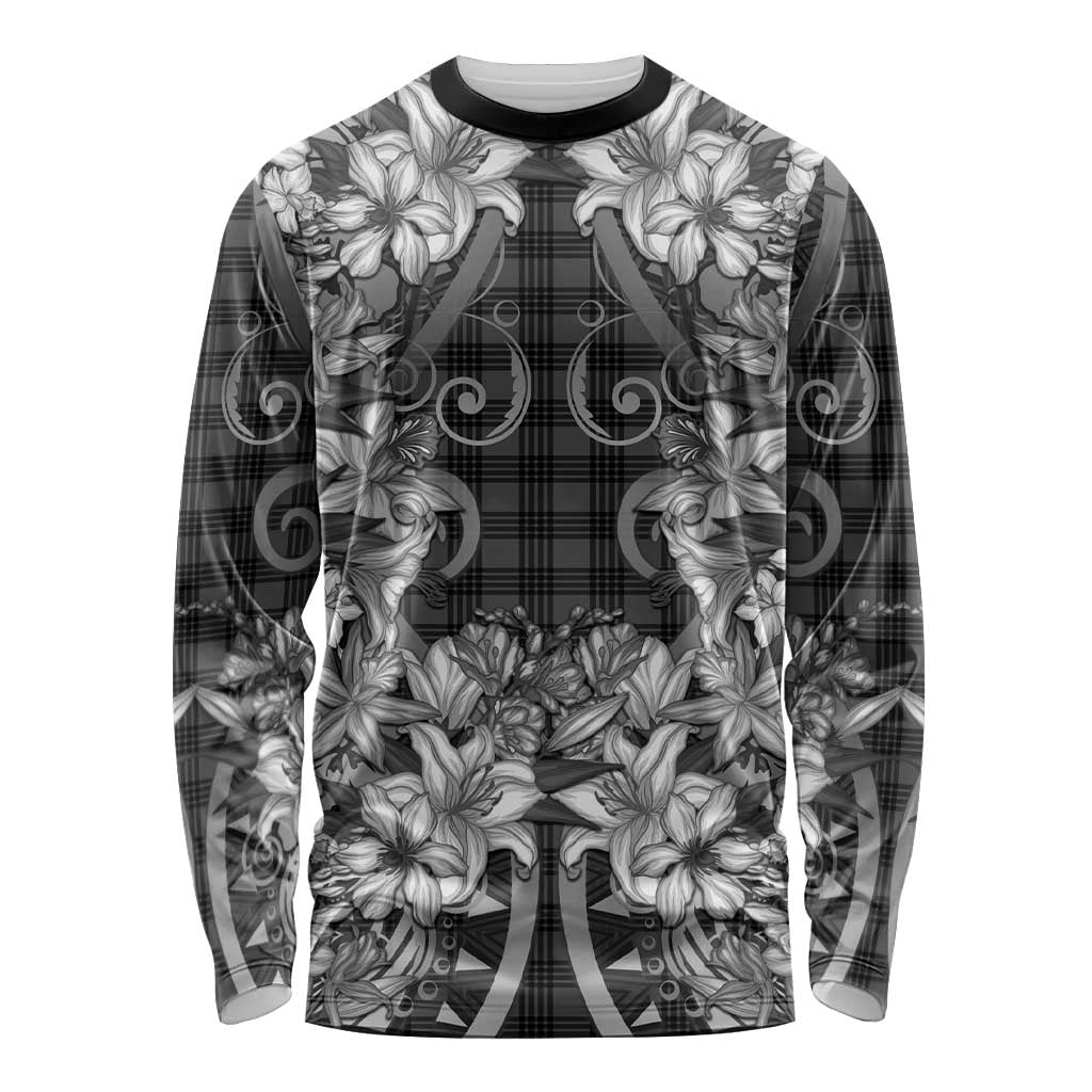 Hawaii Palaka Long Sleeve Shirt Black Tribal Pattern With Tropical Flowers LT05 Unisex Black - Polynesian Pride