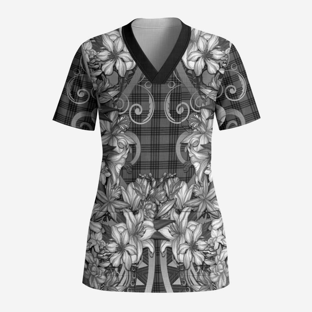 Hawaii Palaka Scrub Top Black Tribal Pattern With Tropical Flowers LT05 Adult Black - Polynesian Pride