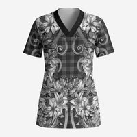 Hawaii Palaka Scrub Top Black Tribal Pattern With Tropical Flowers LT05 Adult Black - Polynesian Pride