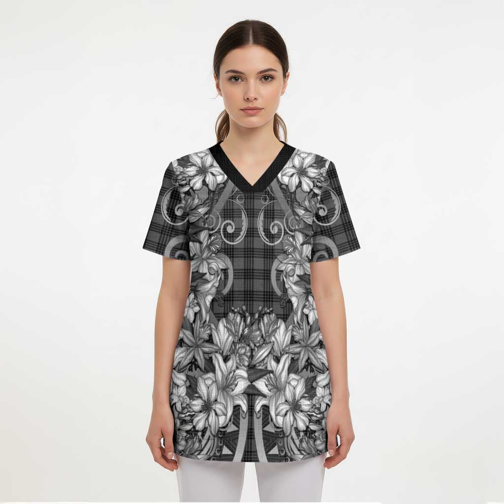 Hawaii Palaka Scrub Top Black Tribal Pattern With Tropical Flowers LT05 - Polynesian Pride