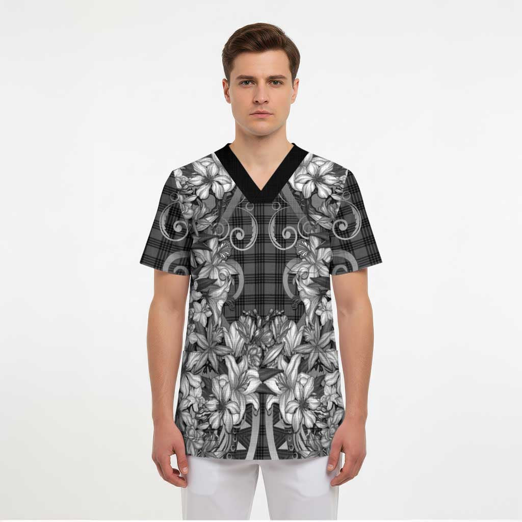 Hawaii Palaka Scrub Top Black Tribal Pattern With Tropical Flowers LT05 - Polynesian Pride