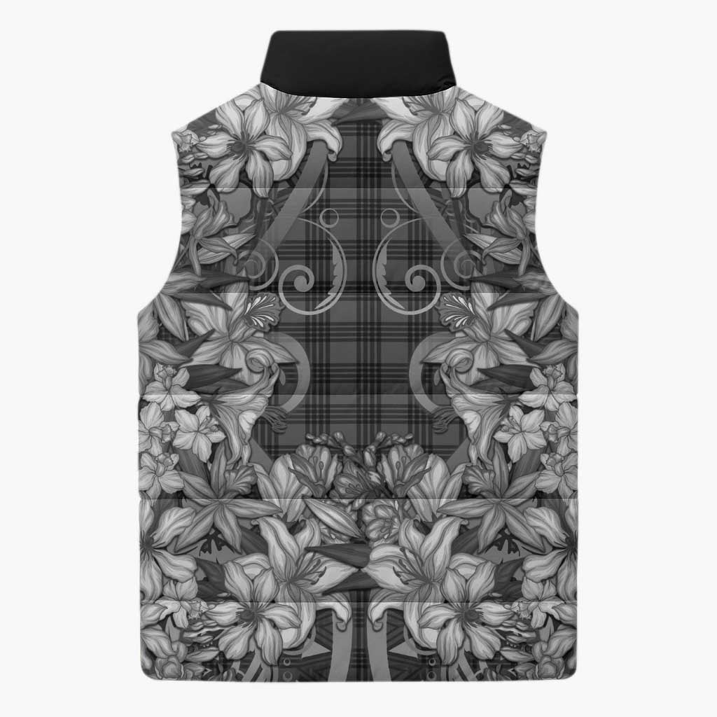 Hawaii Palaka Sleeveless Puffer Jacket Black Tribal Pattern With Tropical Flowers LT05 - Polynesian Pride