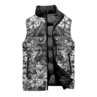 Hawaii Palaka Sleeveless Puffer Jacket Black Tribal Pattern With Tropical Flowers LT05 - Polynesian Pride