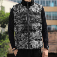 Hawaii Palaka Sleeveless Puffer Jacket Black Tribal Pattern With Tropical Flowers LT05 - Polynesian Pride