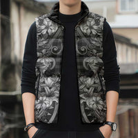 Hawaii Palaka Sleeveless Puffer Jacket Black Tribal Pattern With Tropical Flowers LT05 - Polynesian Pride