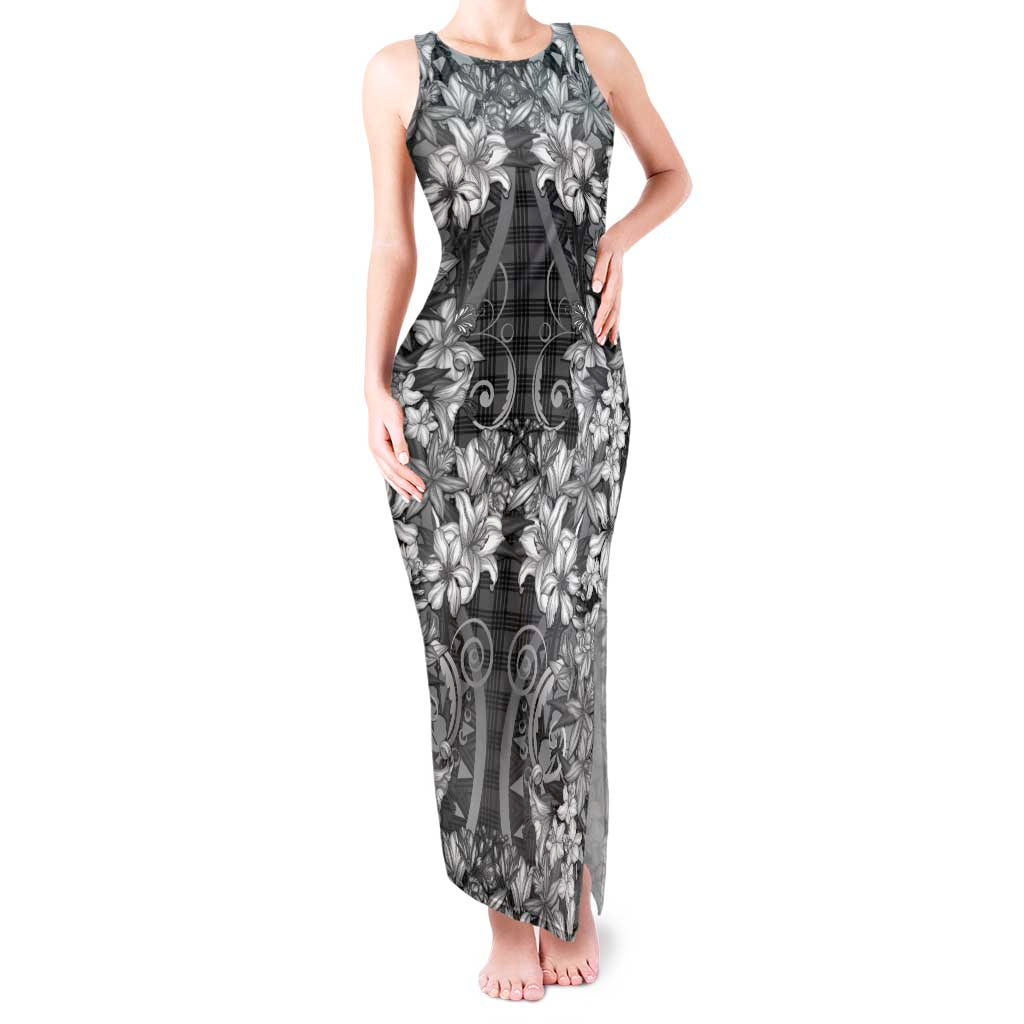 Hawaii Palaka Tank Maxi Dress Black Tribal Pattern With Tropical Flowers LT05 Women Black - Polynesian Pride