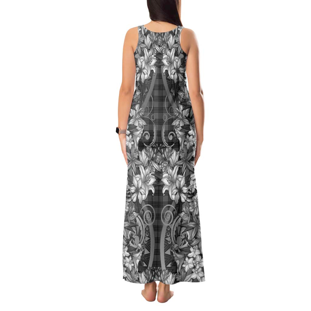Hawaii Palaka Tank Maxi Dress Black Tribal Pattern With Tropical Flowers LT05 - Polynesian Pride