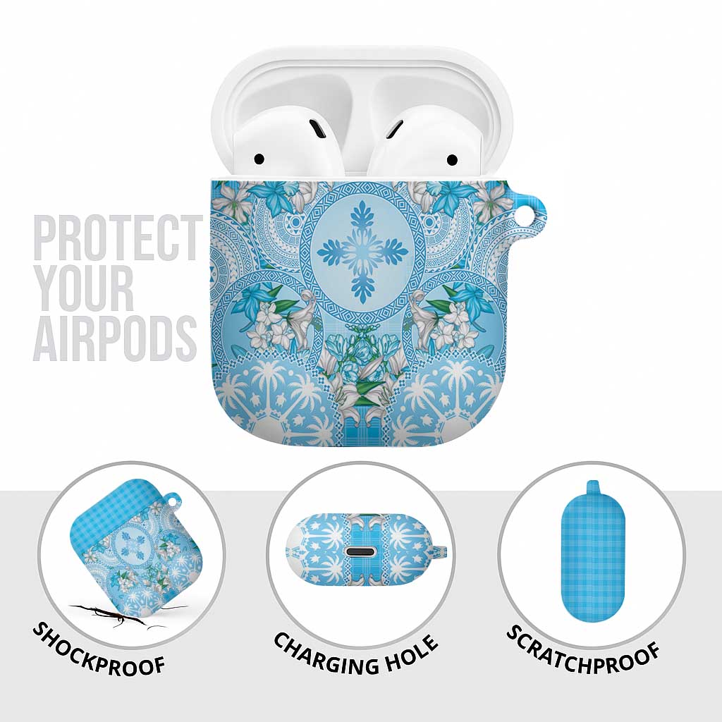 Hawaii Cyan Palaka AirPods Case With Tapa Pattern Tropical Flowers LT05 - Polynesian Pride
