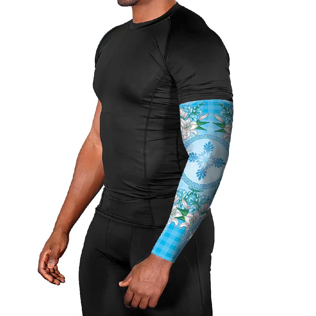 Hawaii Cyan Palaka Arm Sleeves With Tapa Pattern Tropical Flowers LT05 - Polynesian Pride